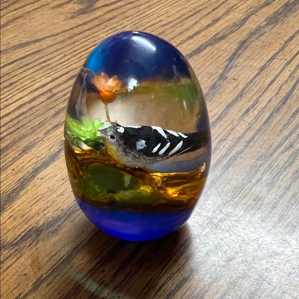 Handcrafted Lucite Egg Blue and Gold Bird Figurine